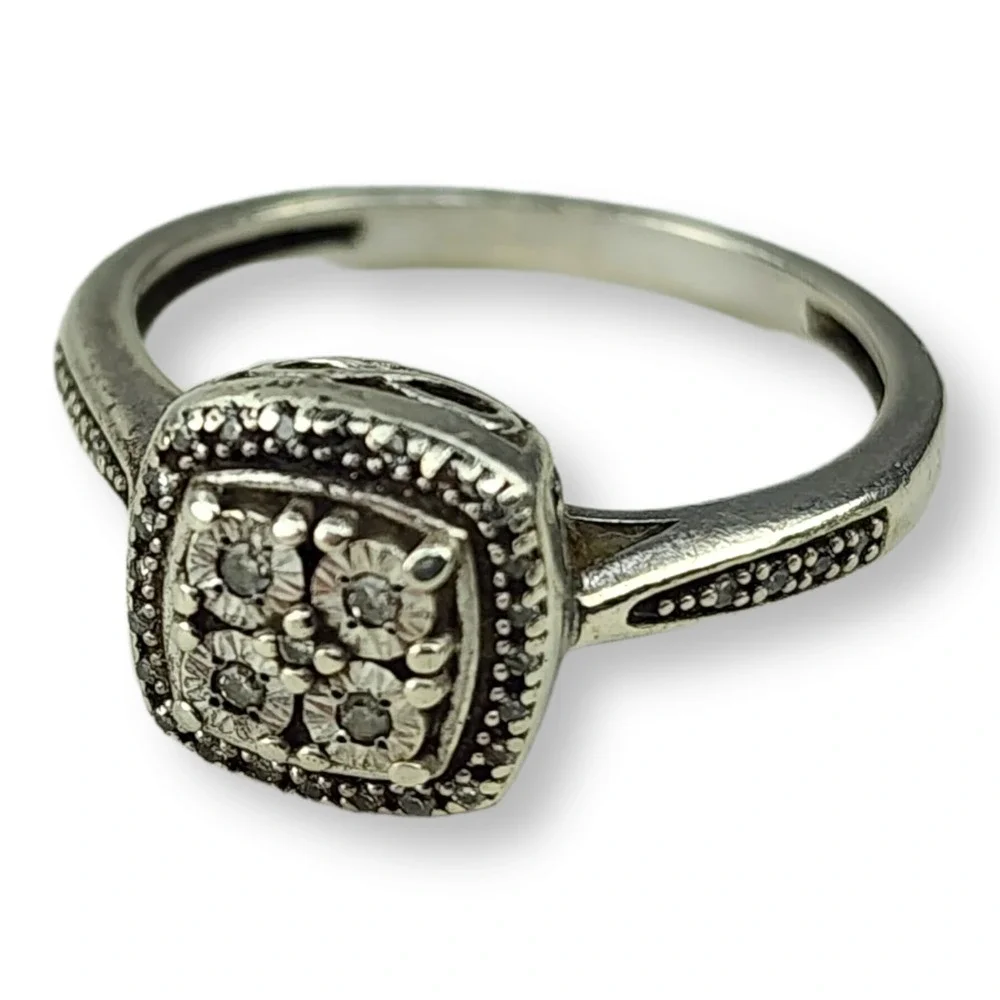 SK Ring Sterling Silver Size 6.5 Silver Square Halo Diamond Engagement Style 925